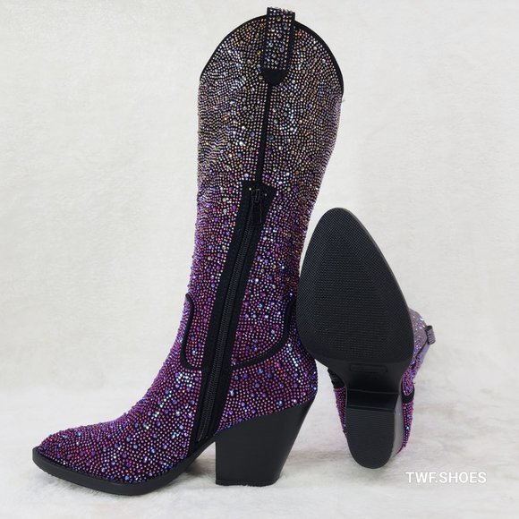 Western Glow Multi Purple Ombre Rhinestone Disco Cowgirl Knee Boots - Picture 13 of 17